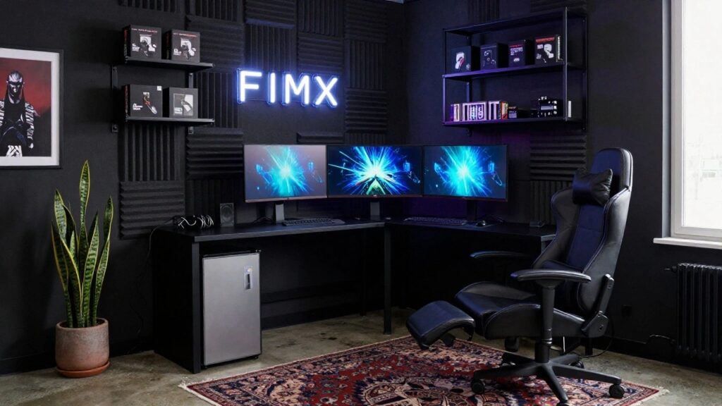 19 Unique Gamer Room Ideas Worth Copying Dark corner room with black L-shaped desk holding two large gaming monitors showing a blue sci-fi game, purple RGB underlighting, black gaming chair, neon pink "Bagkk" sign on wall, acoustic foam panels, snake plant in pot, black shelves with VHS tapes, and Persian rug on floor.