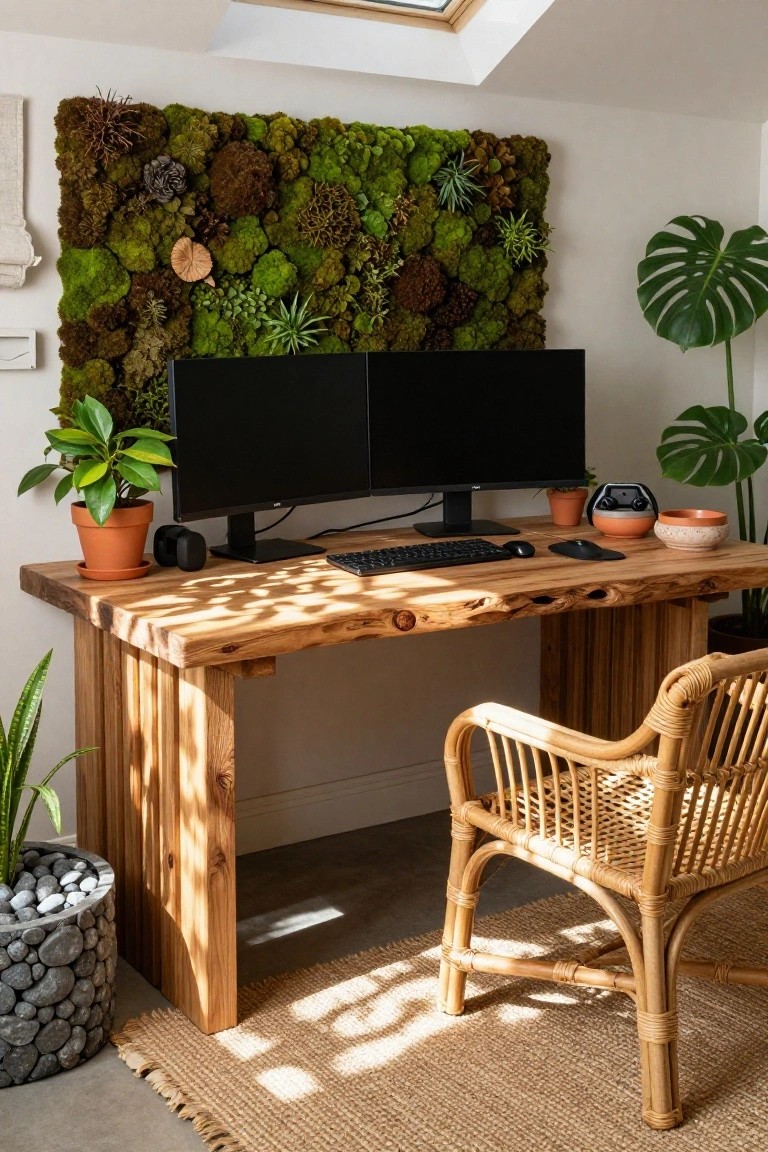 Indoor gaming desk setup with dual black monitors on a wooden table, large preserved moss and plant wall behind, potted plants on sides, rattan chair, and skylight overhead.