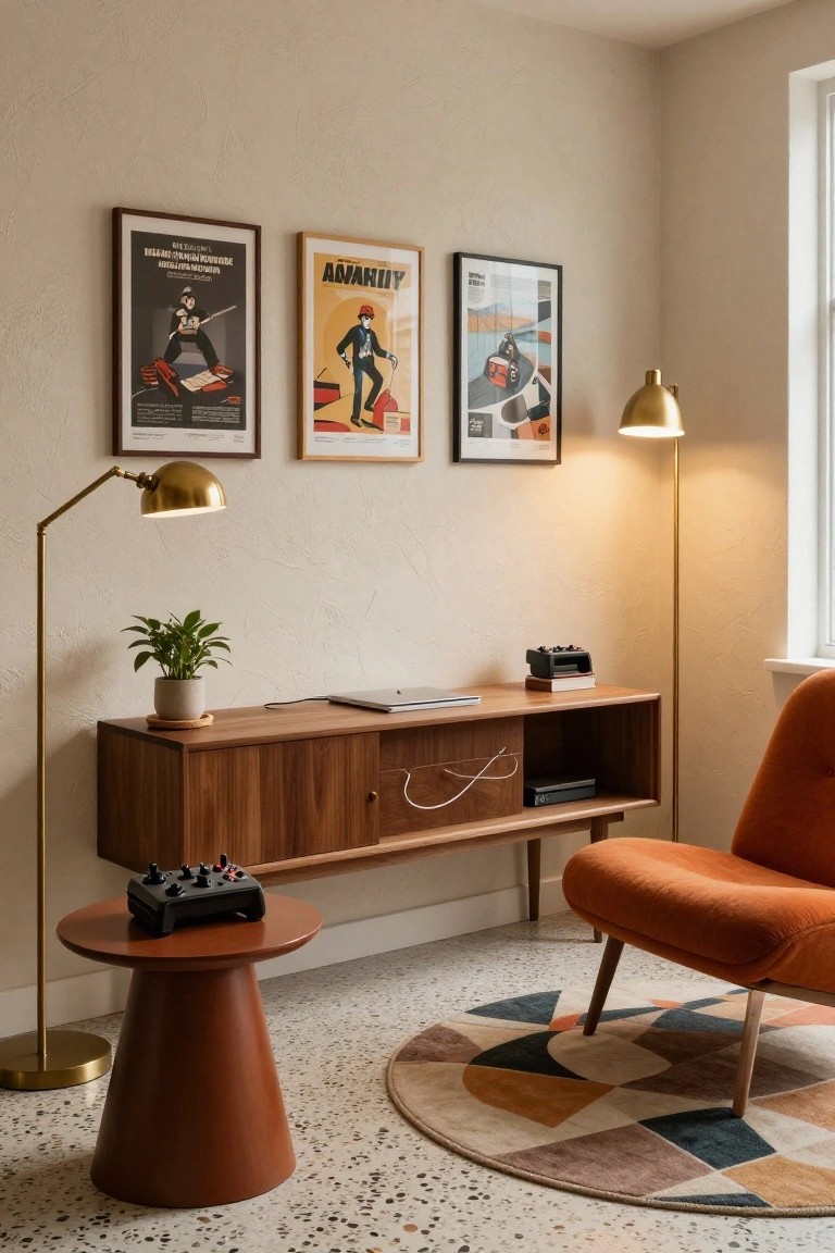 Interior room corner with beige textured walls displaying three framed vintage posters, two gold arc lamps, a walnut credenza holding a laptop, books, tech devices, and a potted plant, an orange upholstered armchair, a round wooden stool with black game controller, and a geometric rug on terrazzo floor.