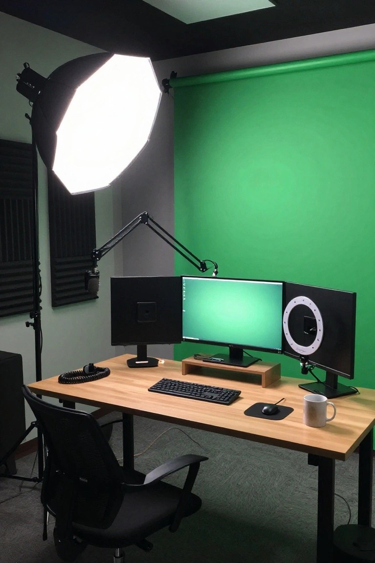 A home gaming setup featuring a green screen wall, triple computer monitors on a wooden desk, softbox light, boom microphone arm, keyboard, mouse, coffee mug, and black office chair in a room with acoustic panels.