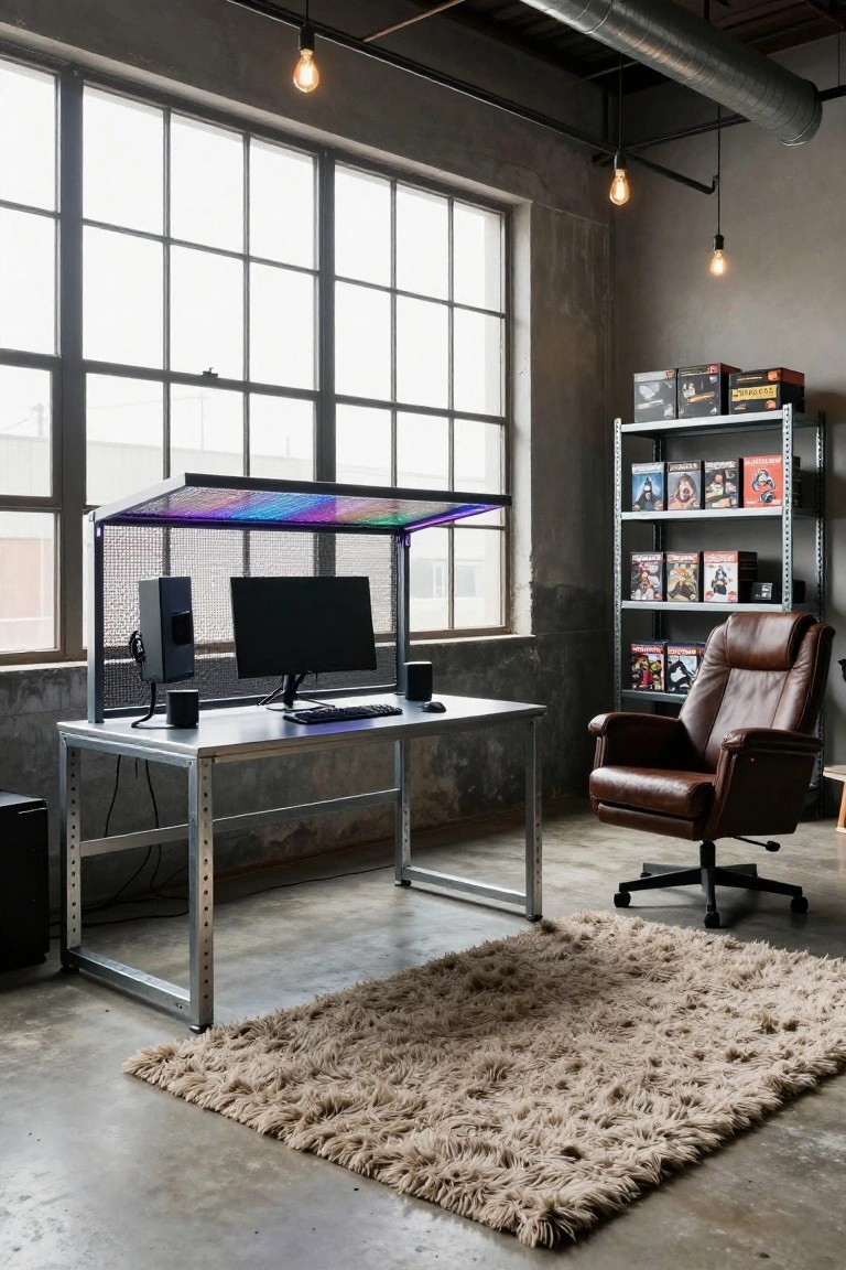 Industrial loft room with large factory windows, silver metal desk holding dual monitors and speakers under a mesh canopy with purple and blue RGB lights, metal shelves of board games and DVDs, brown leather armchair, and shaggy rug on concrete floor.