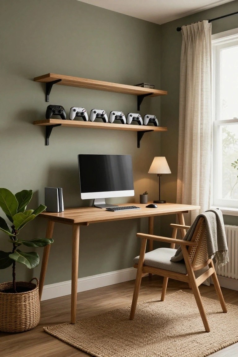 Sage green corner room with wooden wall shelves displaying multiple black and white Xbox and PlayStation controllers above a light wood desk holding an iMac, PS5 console, keyboard, mouse, lamp, and potted plant next to a rattan chair on a seagrass rug.