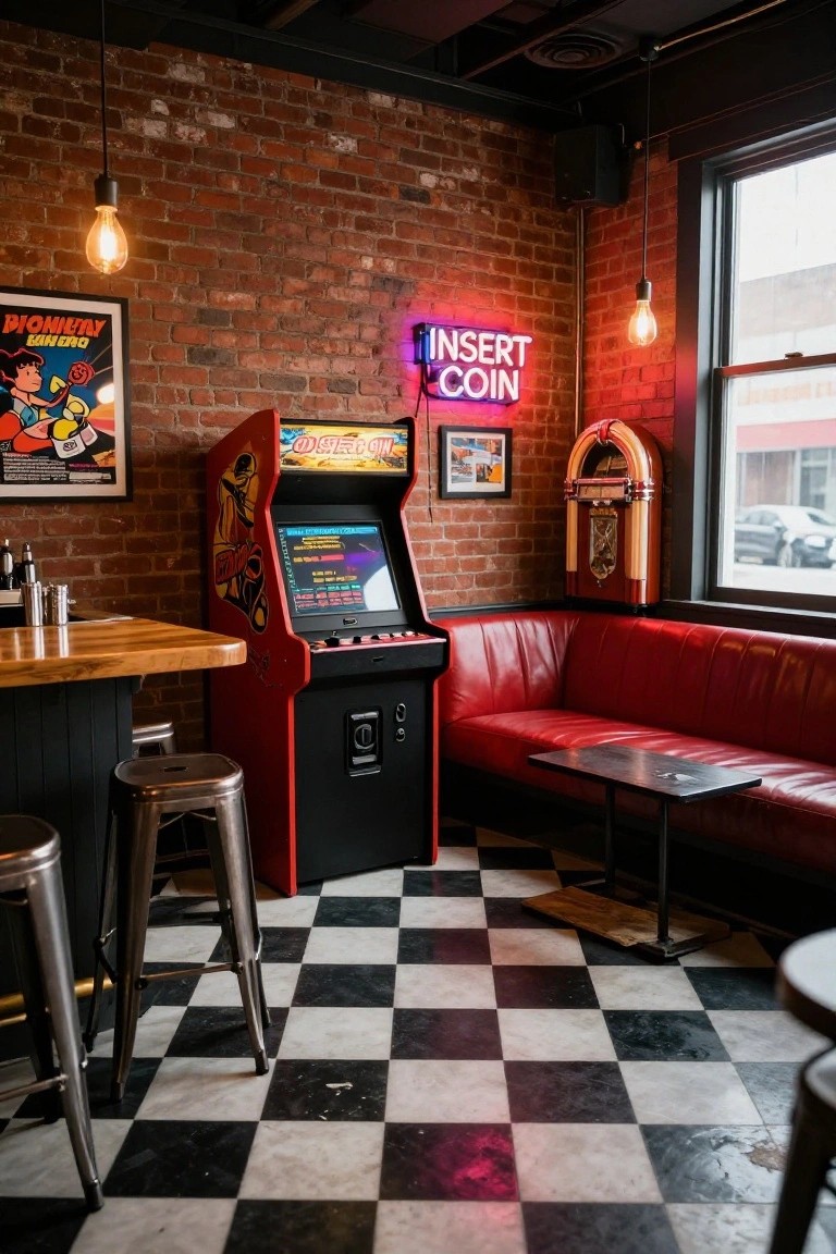 Corner of a bar room featuring a red upright arcade machine next to wooden bar stools, a red leather L-shaped booth with black table, neon