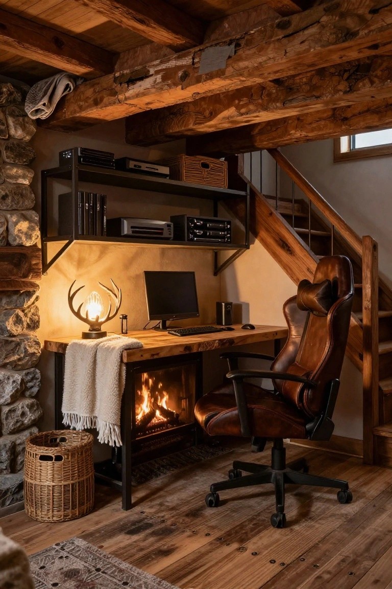 Cozy cabin interior with wooden beam ceiling, stone wall fireplace burning wood, live-edge wood desk with computer monitor keyboard mouse and leather gaming chair, metal shelves with books and electronics, wicker basket, stairs, and antler lamp.