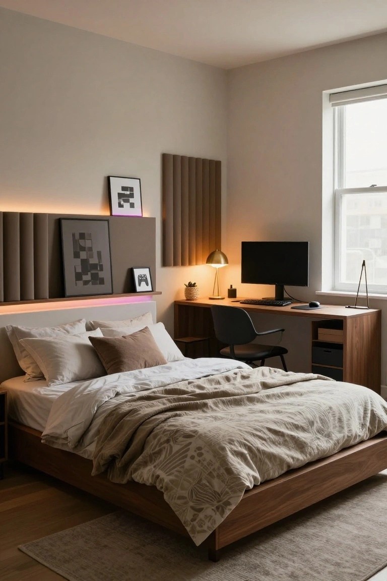 Modern bedroom with low wooden platform bed covered in white sheets and beige quilt, slatted brown wood headboard with pink-purple LED strip lighting, adjacent wooden desk holding black monitor, keyboard, mouse, black chair, gold lamp, framed art including game controller, neutral walls, hardwood floor, and window.