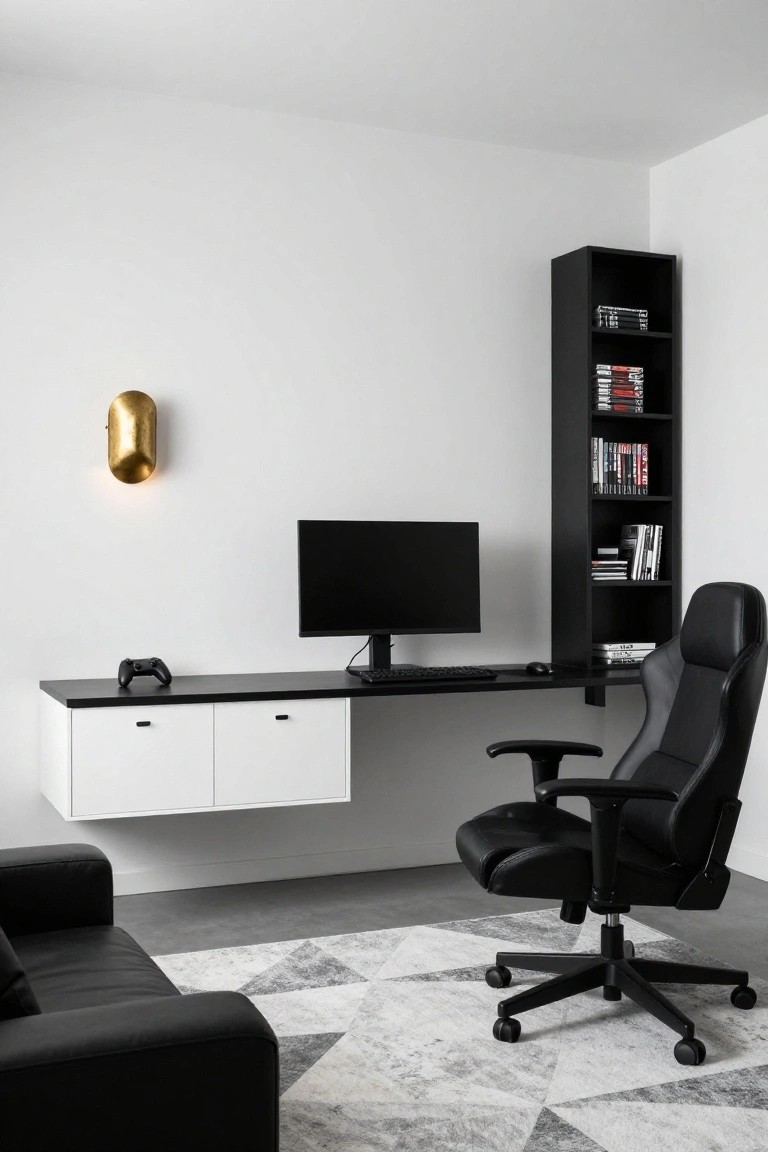 Modern interior of a gaming room with a black-topped white floating desk mounted on the wall, integrated black shelving unit holding books and DVDs, black leather gaming chair, PS5 controller on desk, gold wall light, black leather sofa, and geometric gray rug on concrete floor.