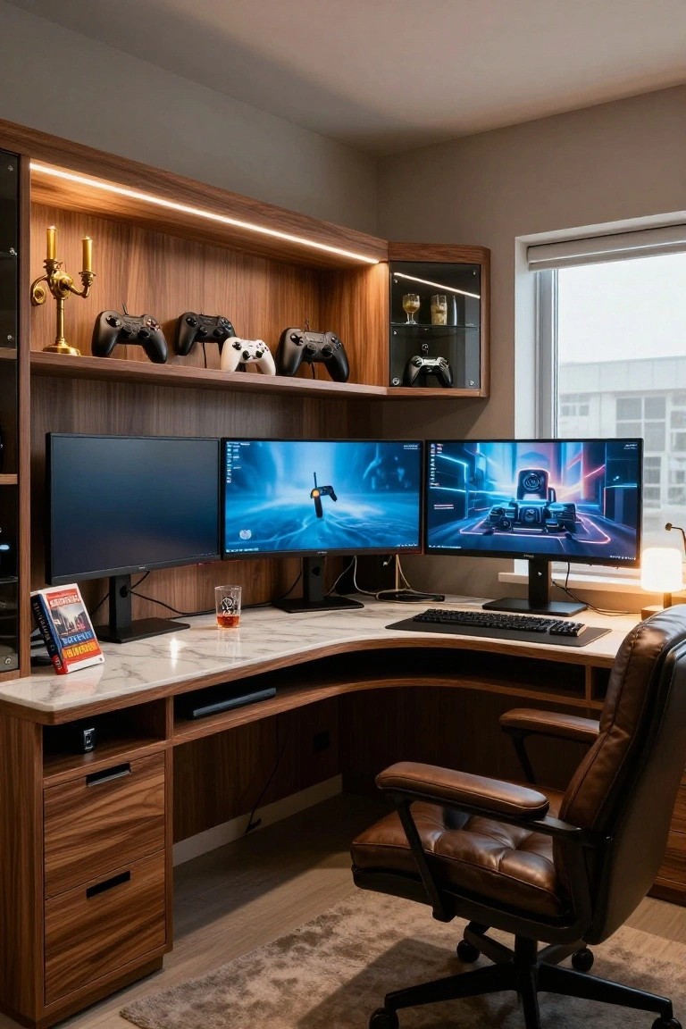 Curved walnut desk with marble top in a corner room setup featuring triple monitors, keyboard, game controllers on shelves, and leather office chair.