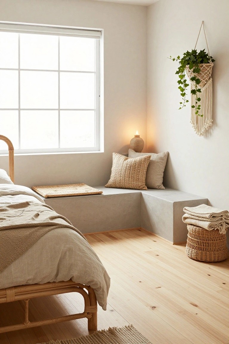 Bright, minimalist bedroom featuring a woven bed, concrete seating, and greenery.