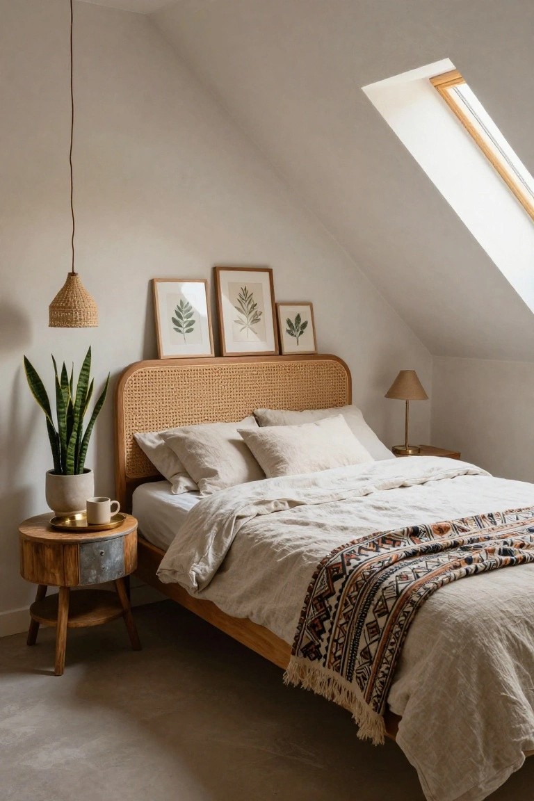 Bedroom with rattan cane headboard on wooden bed frame, white linens and patterned throw, wooden nightstand holding lamp and cup, snake plant in pot, three framed leaf prints above, sloped white ceiling with skylight, beige pendant lamp hanging.