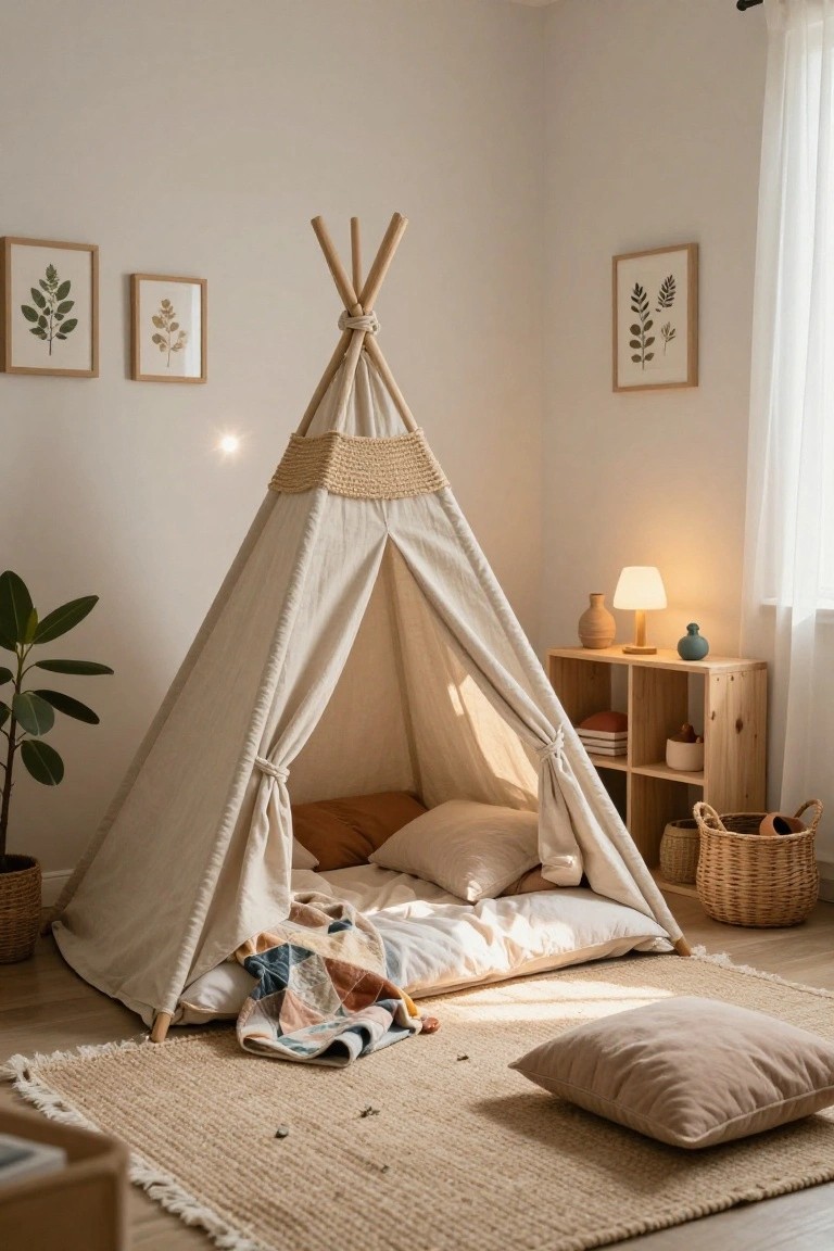 Beige canvas teepee tent with rattan trim and wood poles in a light neutral bedroom corner, containing cushions, pillows, a colorful quilt, next to wooden shelves, plants, lamps, baskets, and a seagrass rug on hardwood floor.