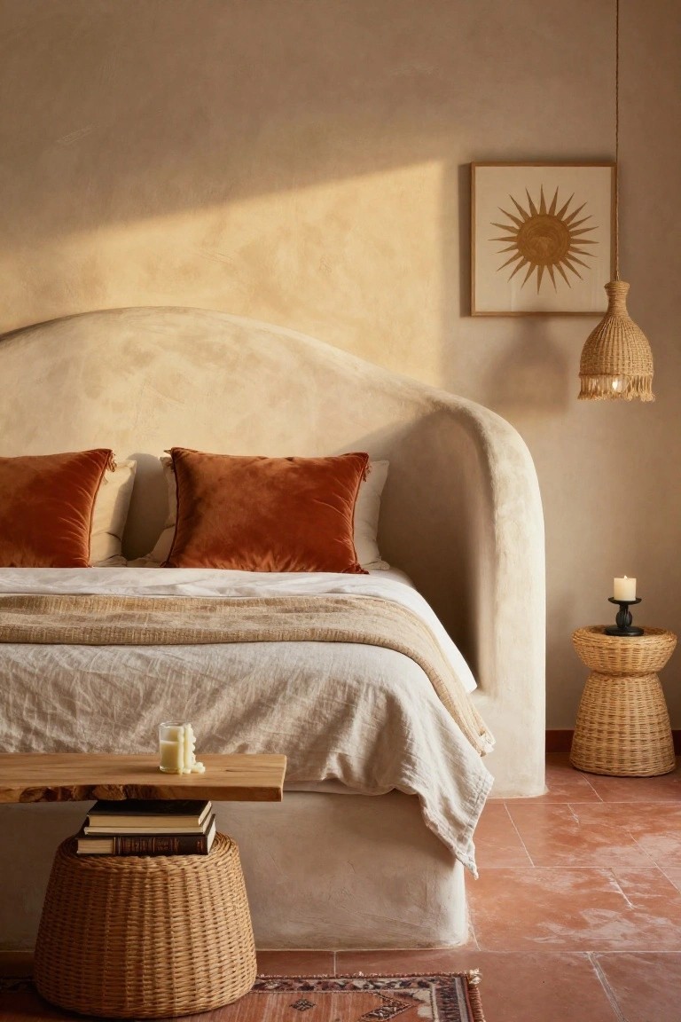 Bedroom with curved beige plaster headboard, orange velvet pillows on white linen bed, rattan side tables and stools, wooden bench with books, candle on bedside table, sun artwork on wall, and terracotta tile floor.