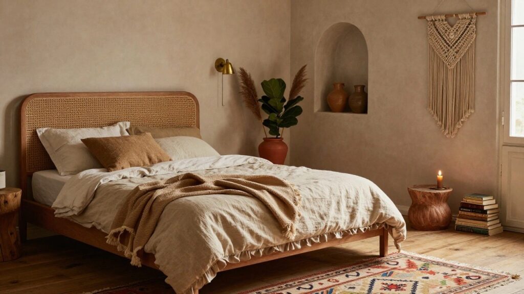 19 Warm Earthy Boho Bedroom Ideas That Feel Naturally Cozy Bedroom corner with rattan headboard on bed dressed in beige linen sheets and pillows, tall pampas grass plants, macrame wall hanging, brass wall lamp, terracotta pots in arched wall niche, wooden stool with books, and kilim rug on wood floor by window.
