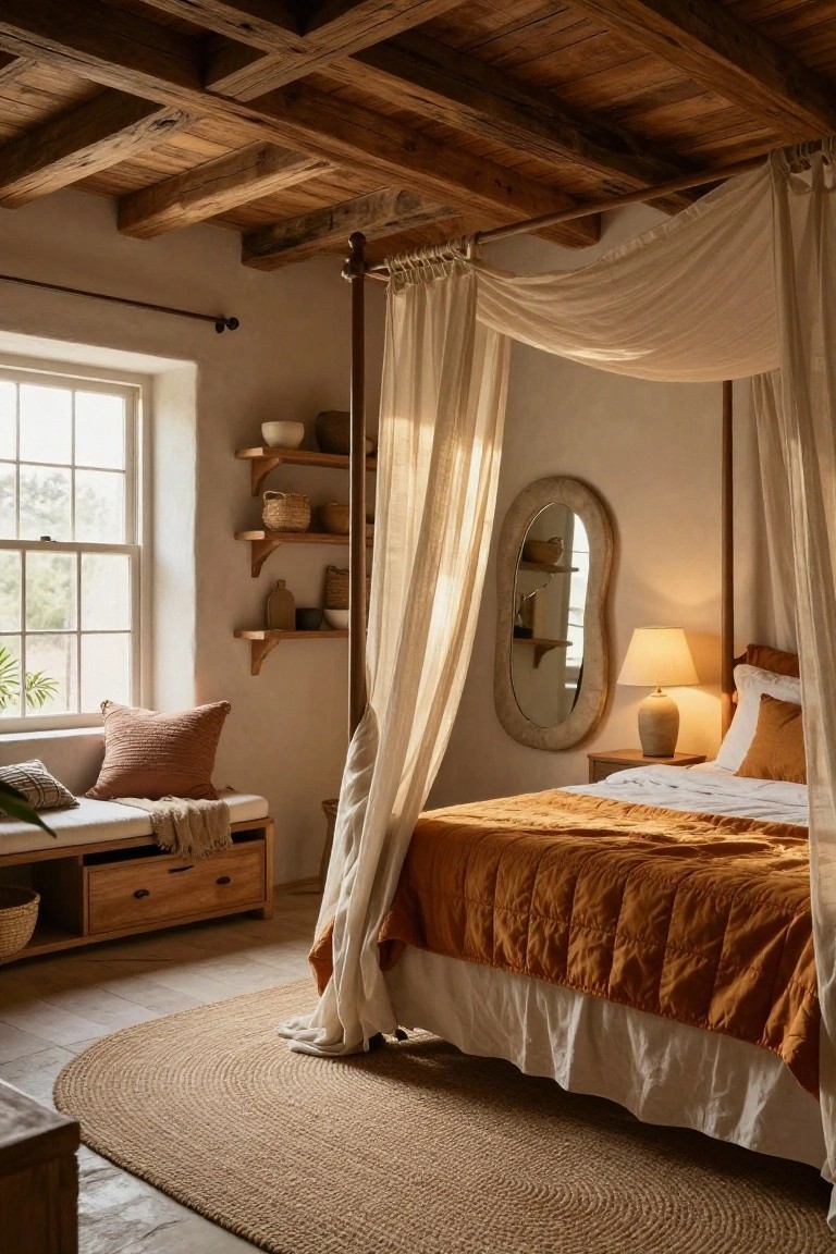 A bedroom with a four-poster bed draped in white sheer curtains, orange quilt and pillows, wooden beam ceiling, wall shelves holding pottery and baskets, a window, bench with cushions, and seagrass rug on tiled floor.