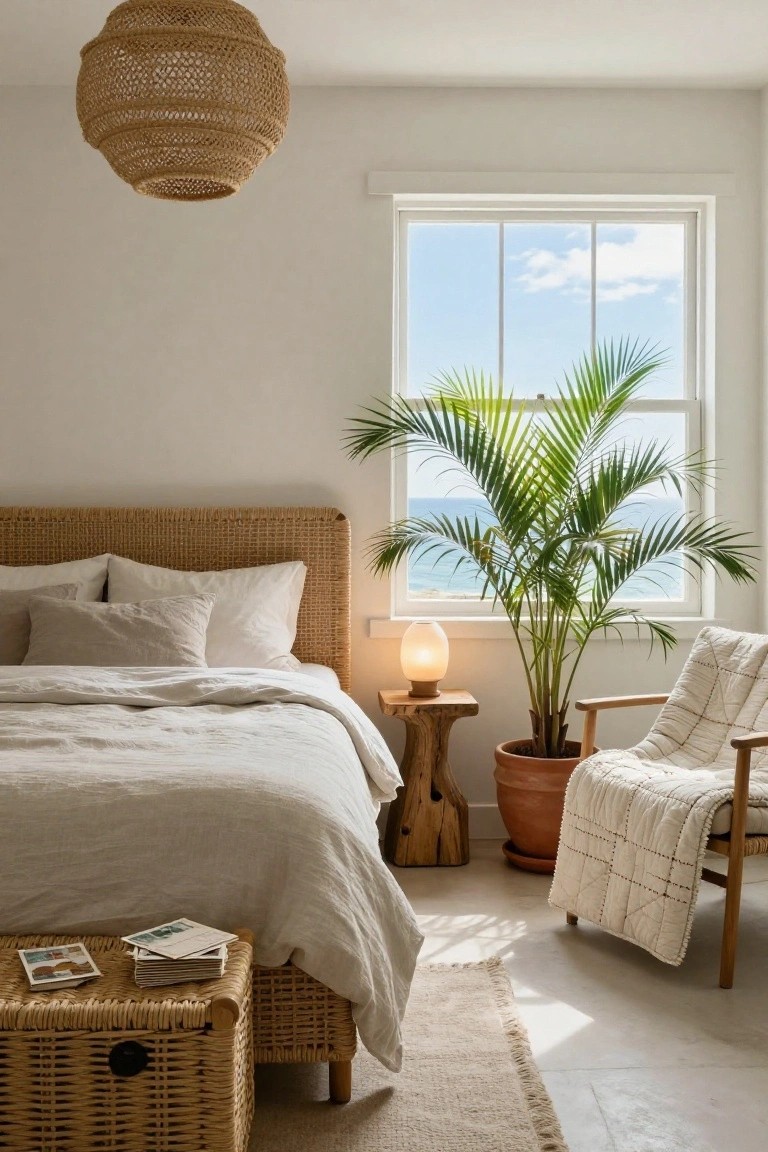 Bedroom with rattan headboard bed dressed in white linen sheets and pillows, wood stump bedside table with white lamp, tall potted palm by window overlooking ocean, rattan footstool basket, and wooden chair with white throw.