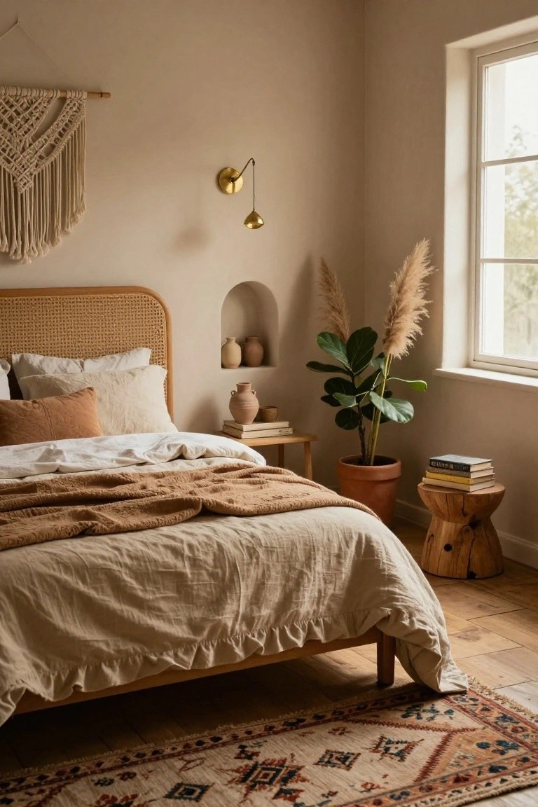 Bedroom corner with rattan headboard on bed dressed in beige linen sheets and pillows, tall pampas grass plants, macrame wall hanging, brass wall lamp, terracotta pots in arched wall niche, wooden stool with books, and kilim rug on wood floor by window.