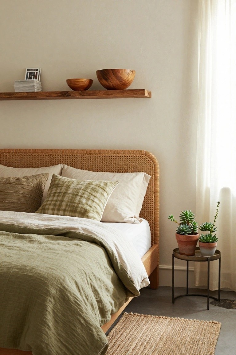 Bedroom corner showing a bed with beige rattan headboard and footboard, white and green pillows and duvet, wooden floating shelf above with stacked books, small wooden bowls, two potted succulents on a round black metal side table with terracotta pots, seagrass rug on concrete floor, and sheer white curtains on window.