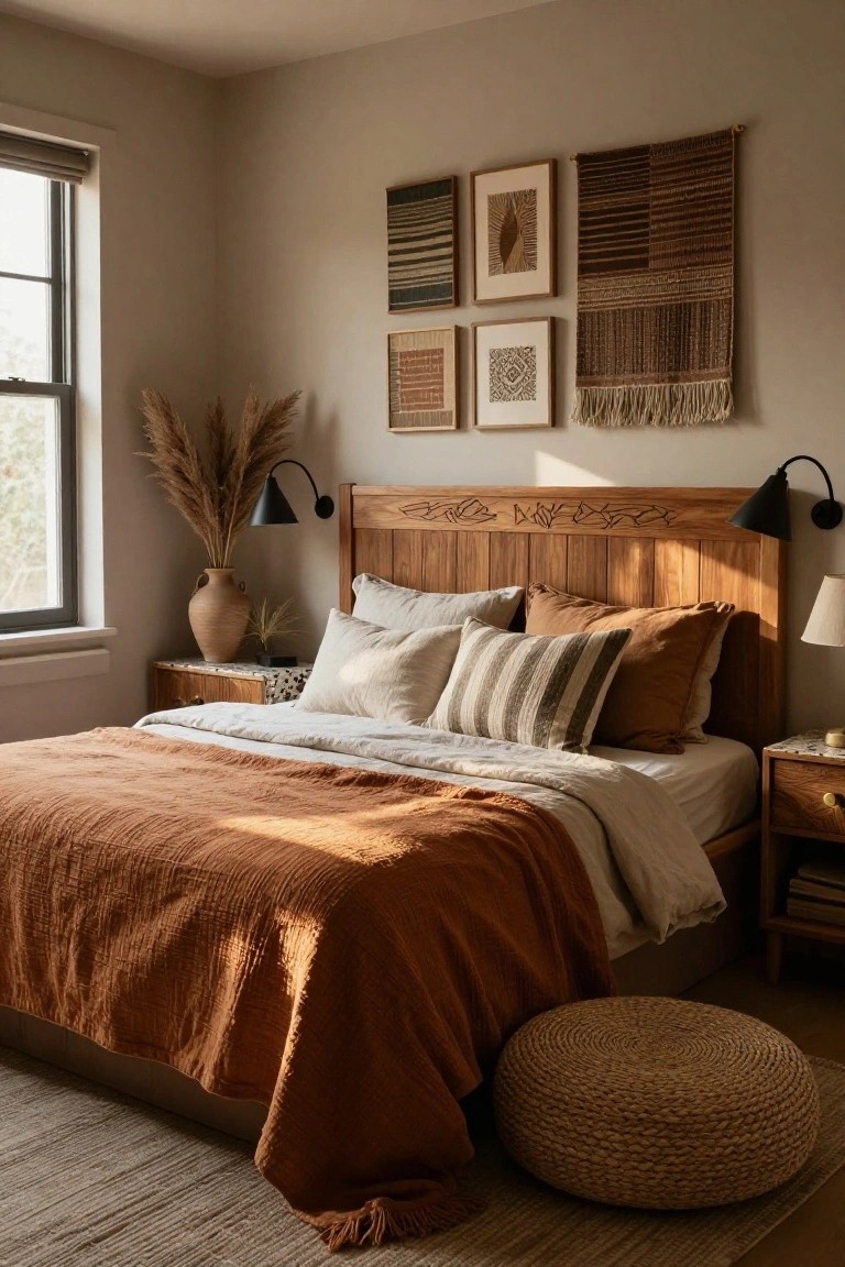 Bedroom interior featuring a wooden bed frame with carved headboard, terracotta throw blanket over white sheets and assorted pillows, woven wall hangings above the bed, pampas grass in a vase, and wall sconces.