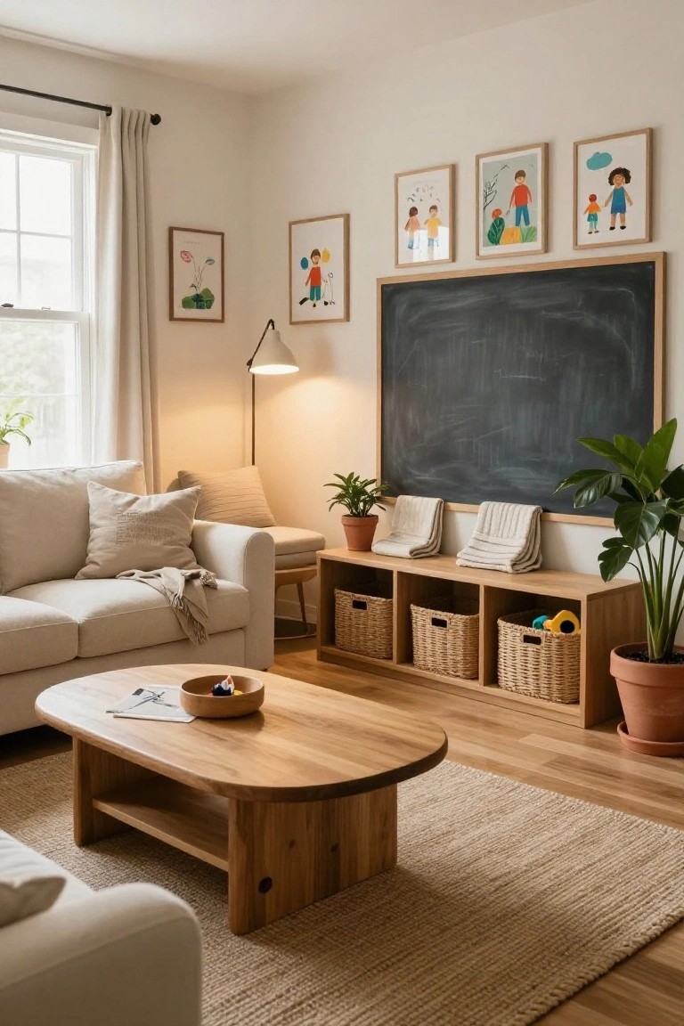 Cozy living room corner featuring a large blackboard wall framed by children's artwork in wooden frames, beige sofa with throw blanket, oval wooden coffee table, oak shelving with wicker baskets and toys, potted plants, and floor lamp.