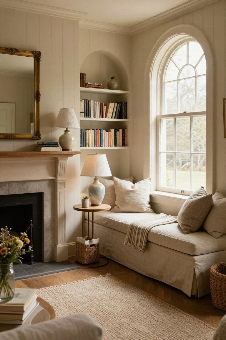 Light paneled living room corner with fireplace, bookshelves, lamps, cushioned beige window seat under arched window, neutral pillows and throw, wood floor, and seagrass rug.