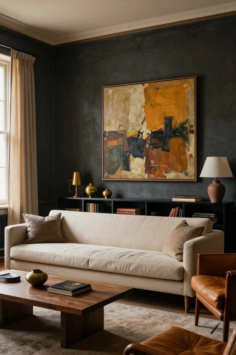 Living room with dark textured plaster walls, large beige linen sofa, low wooden coffee table with books, black bookshelf unit filled with books, brass lamps and vases, terracotta pot, leather armchair, and oversized abstract painting in yellows and blacks.