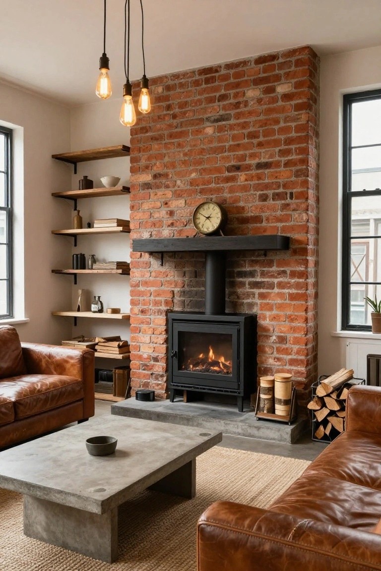 A living room with a tall exposed red brick wall surrounding a black freestanding wood-burning stove, wooden floating shelves on one side, two brown leather sofas, a concrete coffee table, and pendant lights overhead.