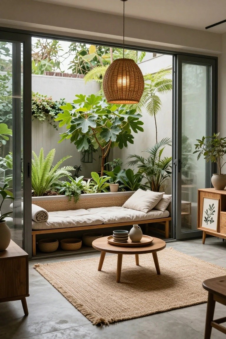 Indoor living room with beige daybed, wooden coffee table on seagrass rug, potted plants, and open sliding glass doors revealing a tropical courtyard garden with large leafy plants and trees.
