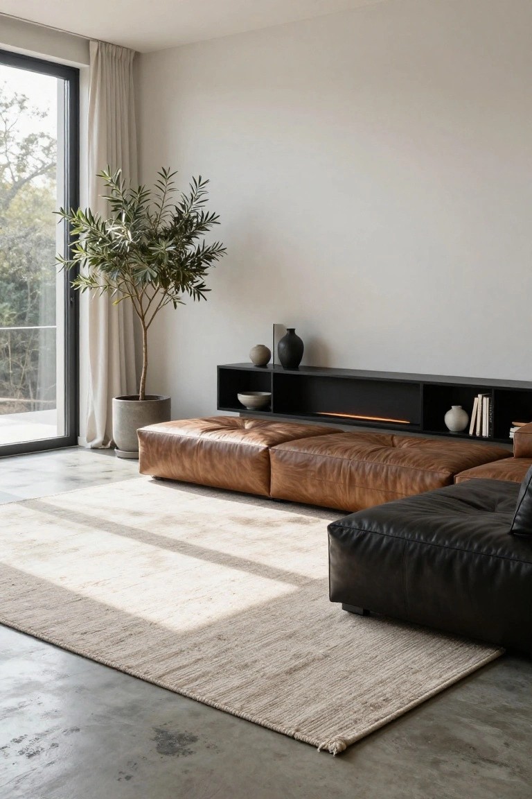 Modern living room with modular tan leather pouf sofas and black leather corner sofa on a light rug over polished concrete floor, black media unit with integrated fireplace, potted olive tree near large window with sheer curtains, neutral walls.