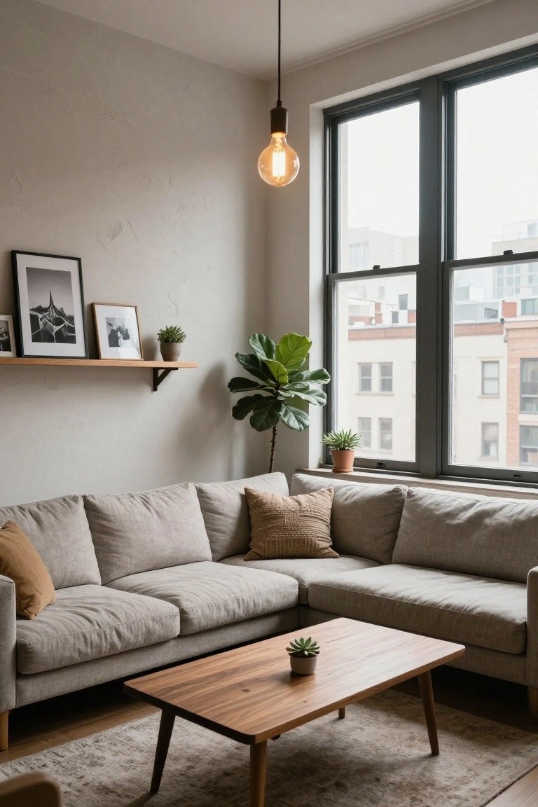 A living room corner showing a light beige L-shaped sofa with throw pillows, rectangular light wood coffee table topped with a potted succulent, large potted fiddle leaf fig plant by large black-framed windows with city view outside, wooden wall shelf holding framed black-and-white photos and small potted plants, textured area rug, and hanging exposed-bulb light fixture.
