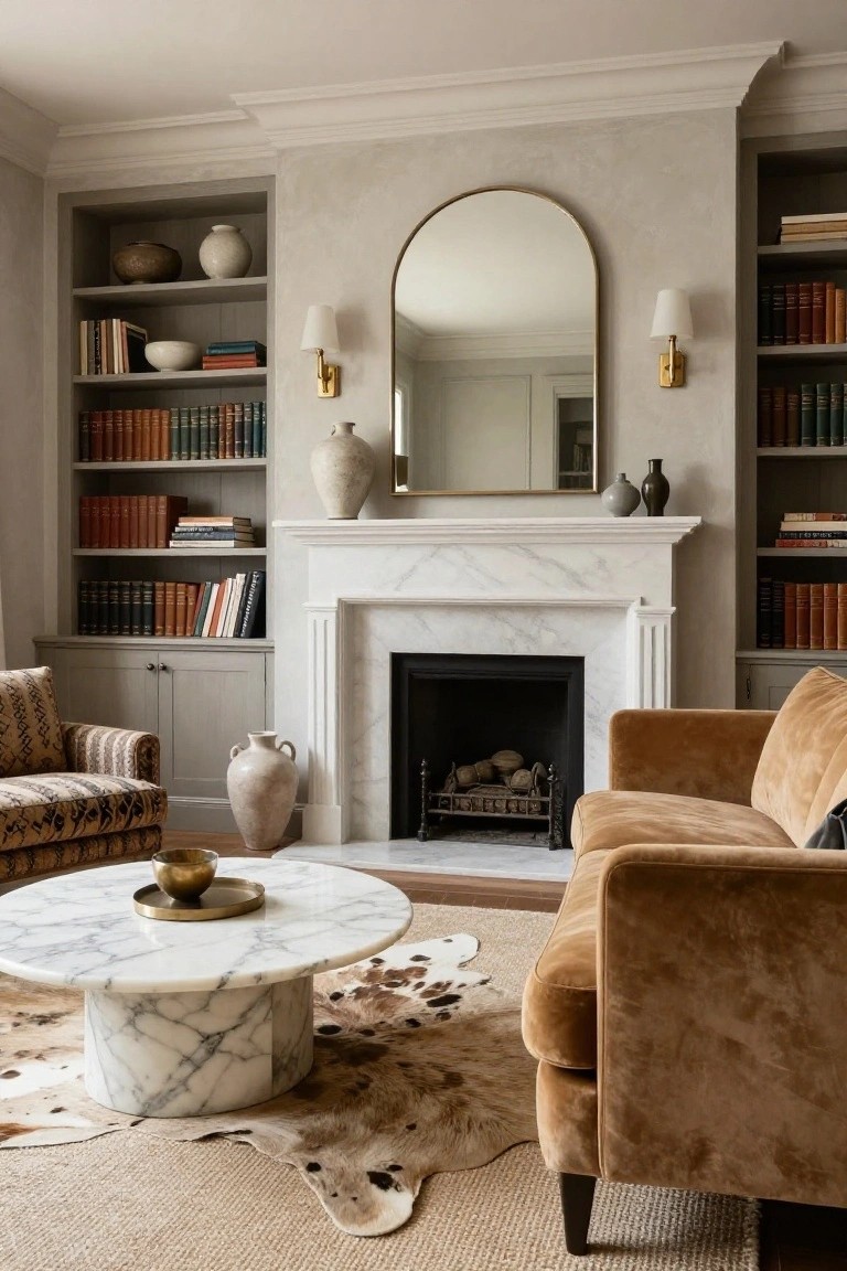 A neutral living room with a white marble fireplace flanked by tall gray built-in bookshelves filled with books and pottery, a large arched mirror above the mantel, cognac velvet sofa, round marble coffee table, and hide rug.