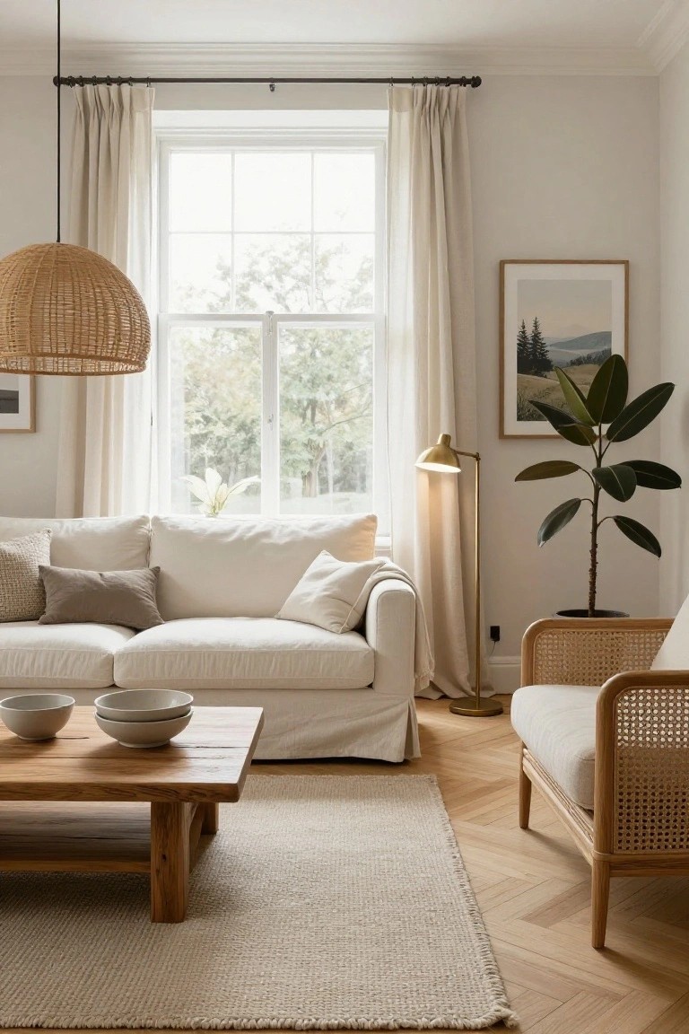 A bright living room featuring a white linen sofa, wooden coffee table with white bowls, rattan pendant light, gold floor lamp, potted plants, and rattan armchair on herringbone wood floors near a large window with sheer curtains.