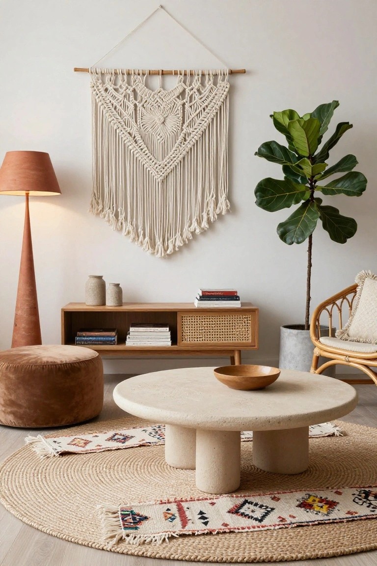 A light living room with a large white macrame wall hanging, fiddle leaf fig plant in a gray pot, terracotta floor lamp, wooden console table holding books and ceramic vases, beige stone pedestal coffee table with wooden bowl, pink velvet ottoman, rattan armchair with cream cushion, and layered beige jute rug with patterned runners on light wood floor.