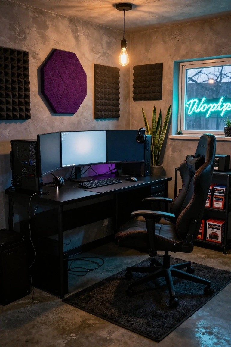 Gaming room interior with triple-monitor desk setup, black PC tower, ergonomic leather chair, purple octagonal acoustic panel and black square panels on concrete walls, neon sign in window, snake plant, and RGB lighting.