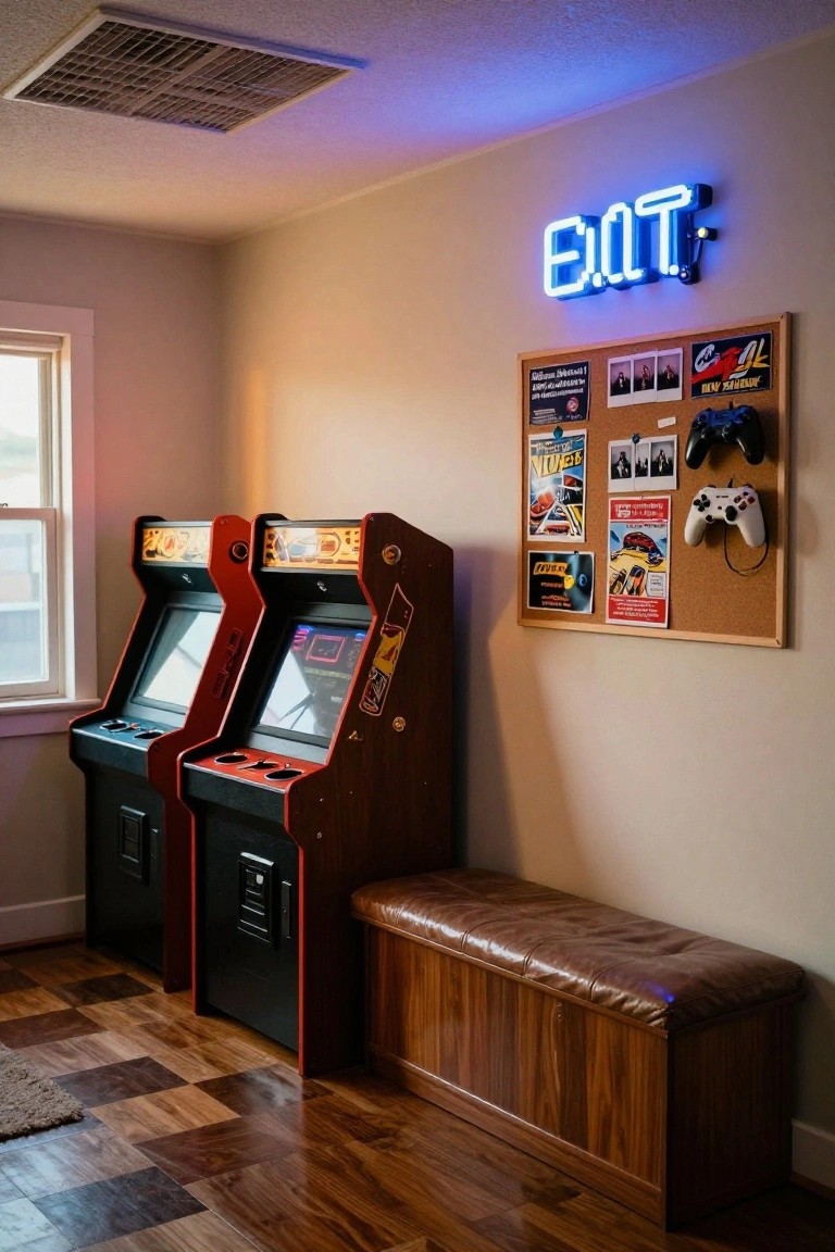 Room interior with two upright arcade machines in red and black, a blue neon EXIT sign on the wall, cork bulletin board displaying posters game controllers and photos, wooden bench with leather cushion, and parquet wood floor.