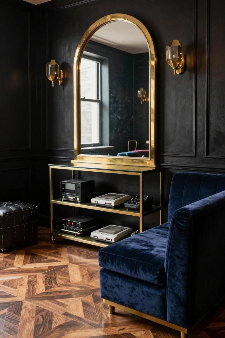 Dark paneled room with large gold arched mirror over brass shelving unit displaying black electronics and audio gear, blue velvet chair, black ottoman, and parquet wood floor.