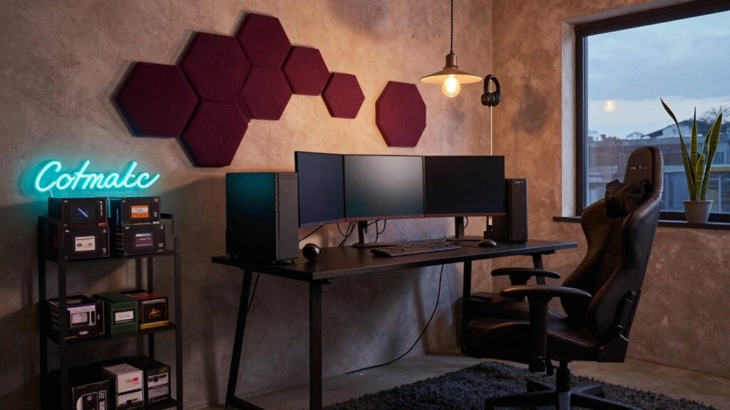 Gaming room interior with triple-monitor desk setup, black PC tower, ergonomic leather chair, purple octagonal acoustic panel and black square panels on concrete walls, neon sign in window, snake plant, and RGB lighting.