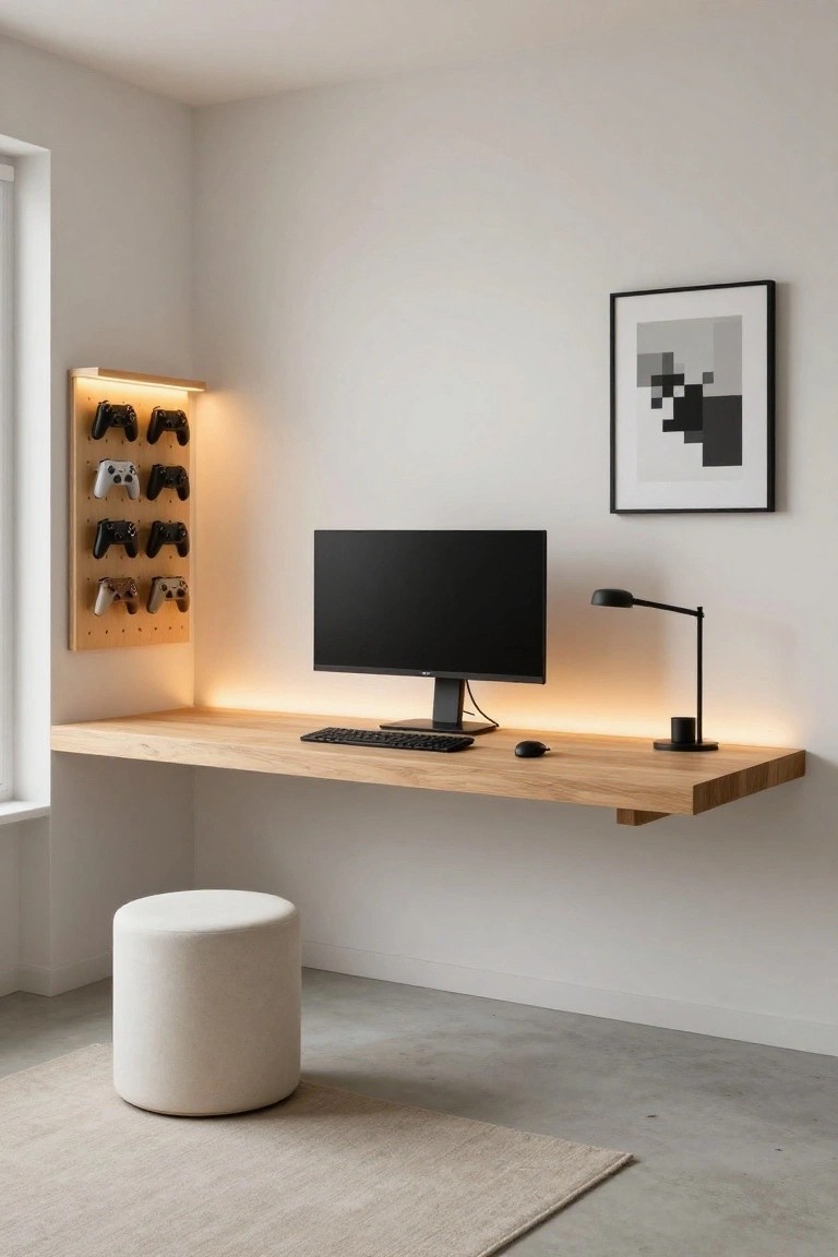 Minimalist white room corner with floating oak desk holding black monitor, keyboard, mouse, and lamp, wooden pegboard wall rack displaying multiple Xbox controllers illuminated by warm LED strip light, black framed abstract art, and white pouf stool on beige carpet.
