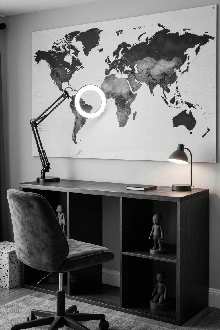 Black-and-white photo of a modern desk setup against a large textured world map wall art, with an adjustable ring light lamp, desk lamp, gray velvet swivel chair, open wood shelving holding figurines, and a small stool nearby.