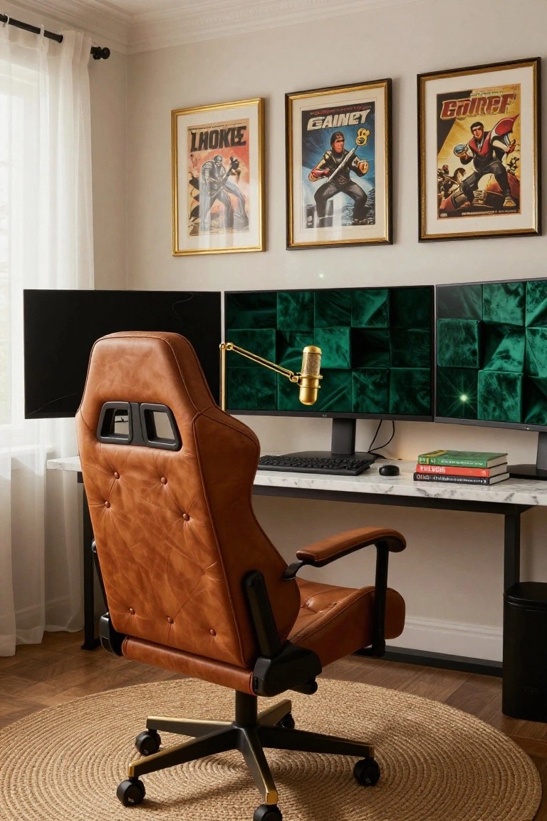 Gaming room interior with tan leather racing chair at a black metal desk holding triple green-glowing monitors, gold-framed posters of stylized game characters on the wall, boom microphone arm, keyboard, books, and neutral decor.
