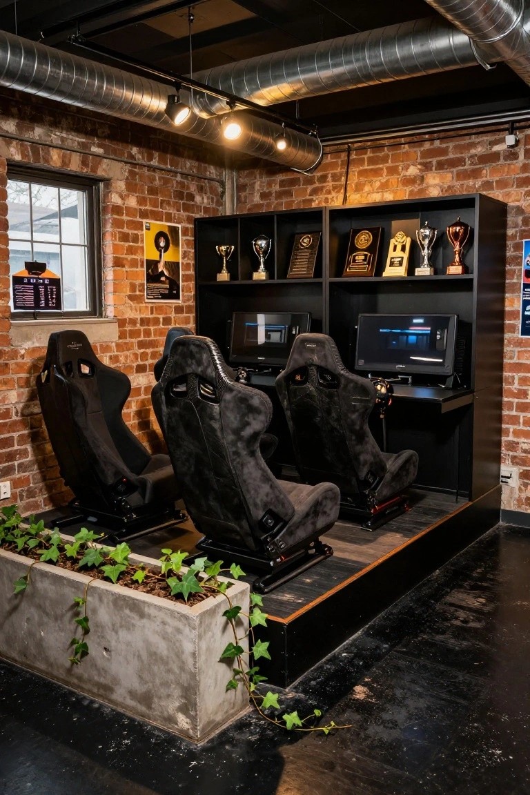 Gaming room interior with three black racing simulator seats on motion platforms elevated on a wooden stage, surrounded by exposed brick walls, black desks with monitors, trophy shelves, and potted ivy.