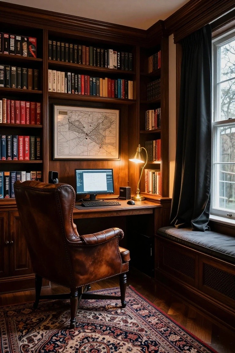 Wood-paneled corner study room with floor-to-ceiling bookshelves filled with books, a wooden desk holding a computer monitor, keyboard, mouse, and brass desk lamp, a brown leather armchair, and a window with dark curtains.