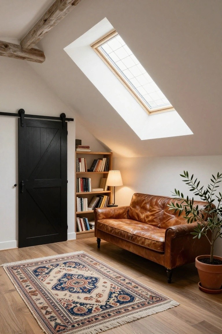 Attic room interior with black sliding barn door, wooden bookshelves filled with books, tan leather sofa on blue and white Persian rug, lamp, potted olive plant, skylight, and exposed wood beams on white sloped ceiling.