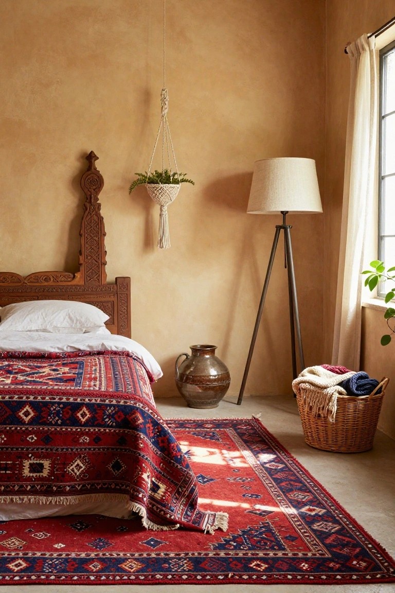Bedroom corner featuring a carved wooden headboard bed with white sheets and red-blue patterned kilim bedspread and matching rug on the floor, terracotta plaster walls, macrame plant hanger, tripod floor lamp, terracotta jar, and wicker basket with folded blankets and towels near a window with sheer curtains.
