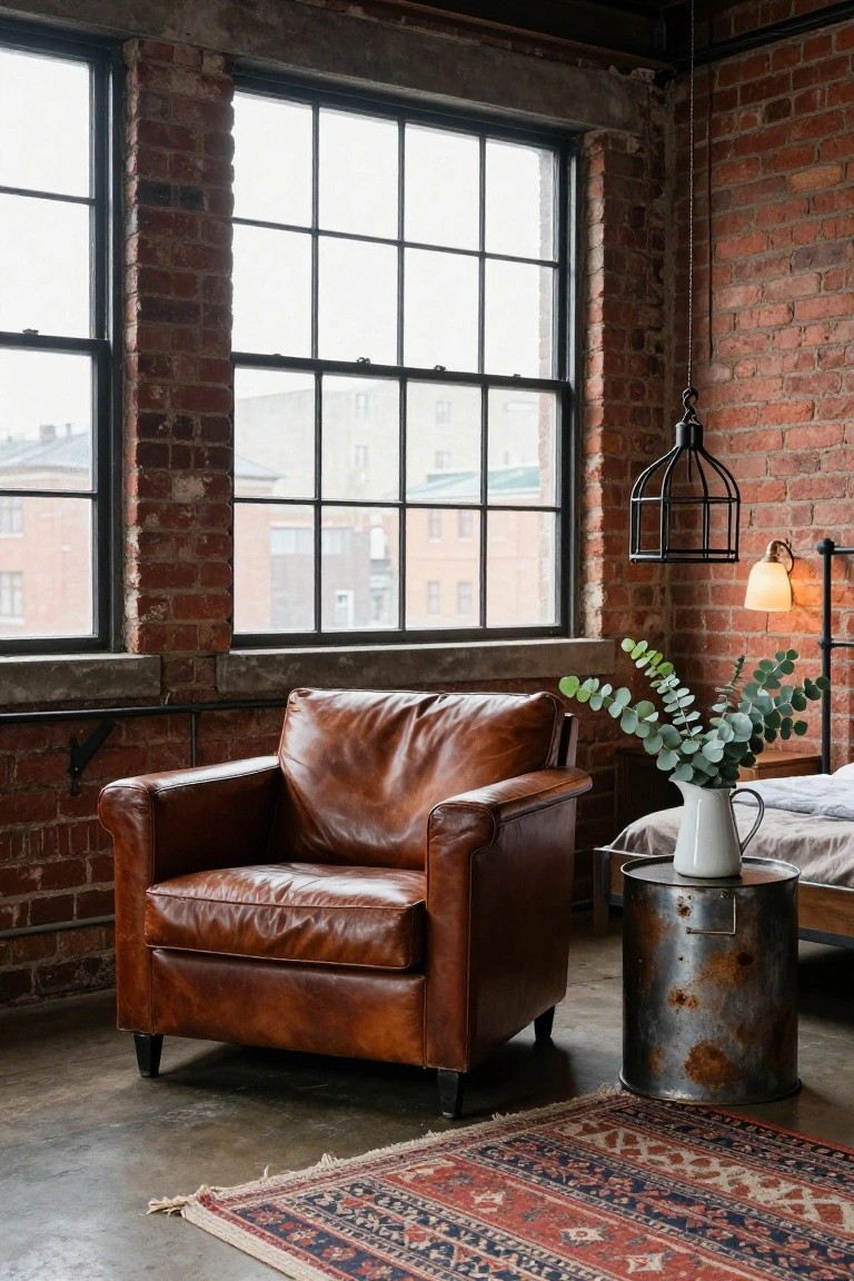 Exposed brick interior of a bedroom with large industrial windows, a brown leather armchair on a patterned rug, a rusted metal side table holding eucalyptus in a white pitcher, and a bed nearby.