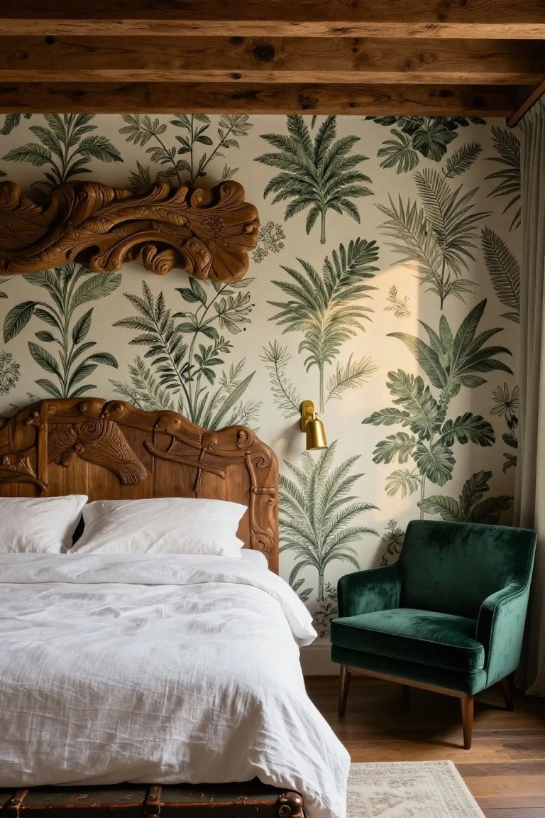 Bedroom interior featuring a large intricately carved wooden headboard with curving motifs, lush green leafy wallpaper on walls, white linens on the bed, emerald green velvet armchair, wooden ceiling beams, and a brass wall sconce.