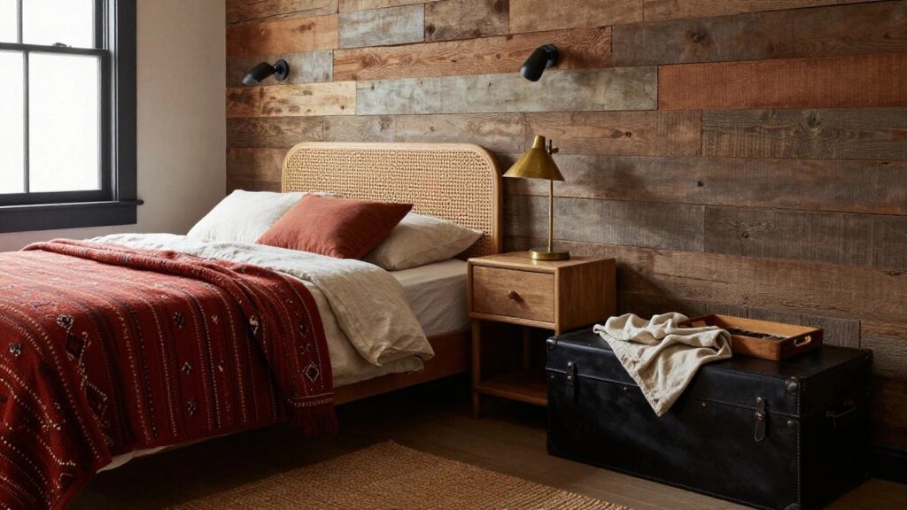 Bedroom with accent wall of horizontal reclaimed wood planks in varied tones and widths, rattan headboard, bed layered with white sheets terracotta throw and pillows, wooden nightstand with brass lamp, leather trunk at bed base, and seagrass rug on wood floor.