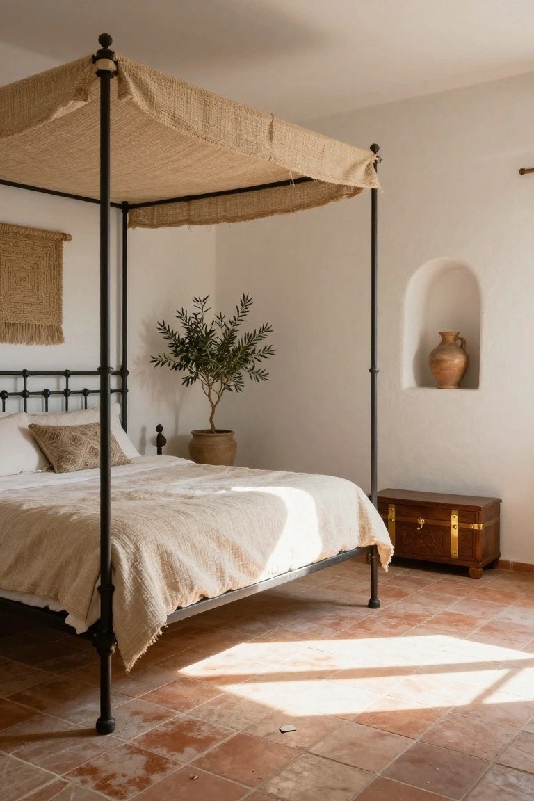 Sunlit bedroom interior with black wrought iron canopy bed draped in beige burlap fabric, white quilted bedding, potted olive tree, wooden chest with brass fittings, terracotta tile floor, white walls, woven wall hanging, and arched niche with terracotta jug.