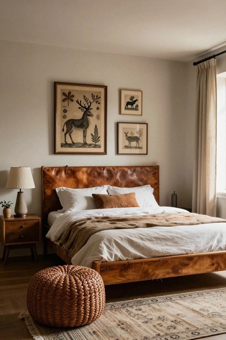 Bedroom with brown leather-upholstered headboard on wooden bed frame, wooden nightstand with lamp, deer artwork on beige walls, beige curtains at window, woven pouf on wood floor, and patterned rug.