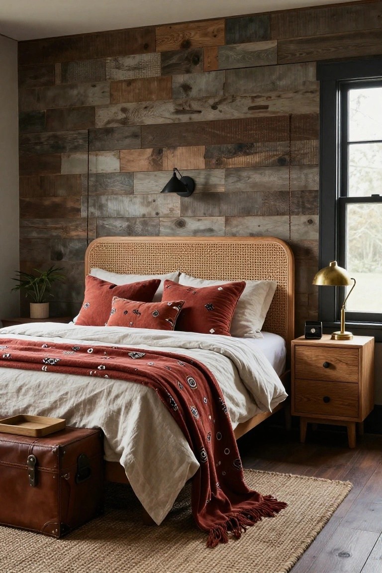 Bedroom with accent wall of horizontal reclaimed wood planks in varied tones and widths, rattan headboard, bed layered with white sheets terracotta throw and pillows, wooden nightstand with brass lamp, leather trunk at bed base, and seagrass rug on wood floor.