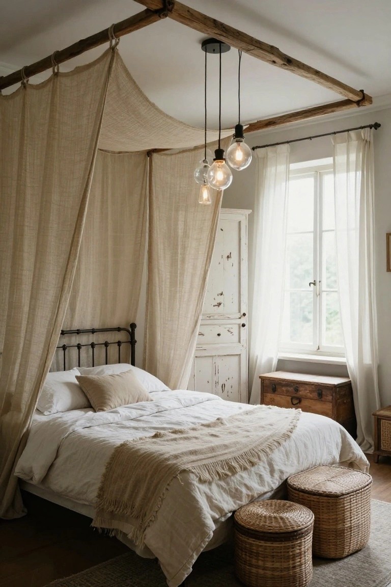 Bedroom with black iron bed under wooden beam canopy draped in beige linen fabric, white bedding with tan throw, distressed white armoire, wooden chest, wicker stools, and large window with sheer curtains.