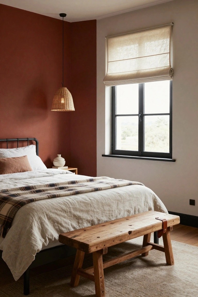 Bedroom interior with terracotta accent wall, black metal bed frame topped with white linens and plaid blanket, rustic wooden bench at foot of bed, rattan pendant light, small wooden side table with vase, and linen shade on black-framed window.